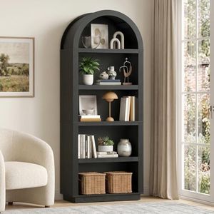 Bestier 76" Tall Arched Bookshelf, 5 Tier Arched Bookcase with Adjustable Book Shelves, Large Arch Wood Bookshelf, Modern Farmhouse Open Display Tall Bookcase for Bedroom, Home Office, Bedroom, Black