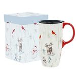 Coffee Ceramic Mug Porcelain Latte Tea Cup with Lid 17oz.,Christmas Mug Deer