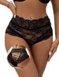 comeondear Black Lace Knickers for Women Plus Size Thongs Panties Mesh Stretchy Brazilian French Knickers High Waist Sexy Ladies Panty Briefs Underwear Underpants Bikini UK 12 14