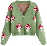 SweatyRocks Girl's Cute Graphic Print V Neck Sweater Button Down Knitted Cardigan Top Green 13-14Y