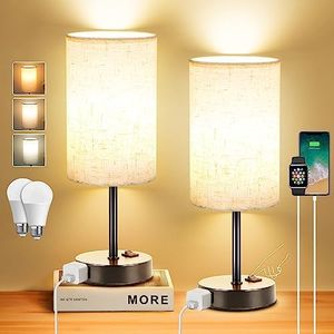 ZJOJO Table Lamp for Bedroom Set of 2, Bedside Small Lamps with 3 Way Dimmable Rocker Switch and AC Outlet, Nightstand Desk Lamp with Flaxen Fabric Shade Black Base for Living Room Home Decor Lights