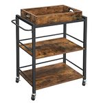 VASAGLE Kitchen Serving Cart with Removable Tray, 3-Tier Kitchen Utility Cart on Wheels with Storage, with Brakes, Levelling Feet, 40 x 72 x 86 cm, Rustic Brown and Black LRC072X