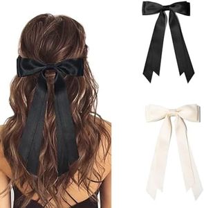 2PCS Satin Hair Bow Clips for Women Girls Bow Ribbon Hair Clip Black Beige Hair Bows Barrettes Ponytail Holder Accessories for Women Girls Toddlers Teens Kids (Beige+Black)