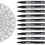 BRUSTRO Professional Pigment Based Fineliner - Set of 10 (Black) with Comfortable Grip, Ideal For Mandala, Writing, Sketching, Doodling, Journal & Outline