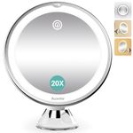 Auxmir Upgraded 20X Magnifying Lighted Makeup Mirror with 3 Color Lights, Touch Control, Dimmable Lighted Vanity Mirror with Power Suction Cup, 360° Swivel, Portable Bathroom Mirror for Home Travel