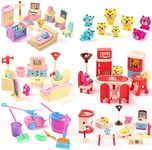 59 Pcs Dollhouse Furniture Accessories Sets Living Room Dining Room Bedroom Bathroom Miniature Doll House Furniture Plastic Pretend Doll Housework Cleaning Furniture Play Toy Gifts for Boy Girl Age 6+