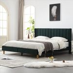 YUHUASHI Upholstered Platform Bed Frame/King Bed Frame/Modern Geometric Double-Wing Design Headboard/Flannel and Linen Fabric/Easy to Assemble No Noise (Ink Green, King (U.S. Standard))