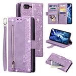 UEEBAI Wallet Case for iPhone 7 Plus iPhone 8 Plus, Retro 9 Card Holder Slots Zipper Pocket Handbag Case PU Leather Magnetic Closure Kickstand Wrist Strap TPU Shockproof folio Case - Glitter Purple