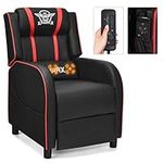 GYMAX Massage Gaming Recliner Chair, Adjustable Racing Style Single Lounge Sofa with Footrest and Massage Function Modern Living Room Recliner PU Leather Home Theater Seating (Red)