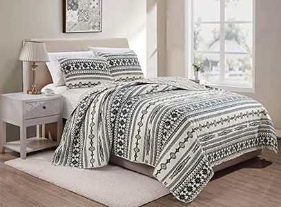 Chezmoi Collection Colby 3-Piece Western Quilt Set - Geometric Tribal Ivory Navy Brown Red Printed Pre-Washed Reversible Microfiber Bedspread Set, Queen Size