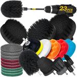 GLNRM 23pcs Drill Brush Attachment Scrub Pad Sponge Buffing Pad Power Scrubber Brush with Extended Long Attachment Car Polishing Pad Kit, Black Scouring Pads and Sponge
