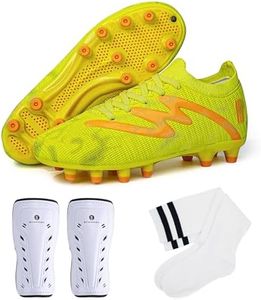 brooman Kids Firm Ground Soccer Cleats Boys Girls Football Shoes with Shin Guards and Soccer Socks (9,Lime)