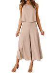 ROYLAMP Women's Summer 2 Piece Outfits Round neck Crop Basic Top Cropped Wide Leg pants Set Beach Jumpsuits Apricot S