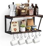 TJ.MOREE Coffee Bar Shelves Wall Mounted with 8 Hooks Coffee Mug Holder Rack 2-Tier Rustic Farmhouse Wood Floating Shelves for Coffee Station Kitchen Bathroom Storage Organizer