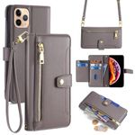 Arseaiy for Samsung Galaxy J2 pro 2018/J250/Grand Prime pro 2018/J2 core Flip Phone Case with Crossbody Strap Magnetic Handbag Zipper Pocket PU Leather Shockproof with Kickstand Phone Shell Gray