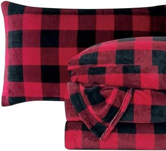 Elegant Comfort Luxuriously Soft 4-Piece Velvet Plush Flannel Sheet Set - Premium Quality - Cozy Warm, Anti-Static, Non Pilling Fuzzy Velvet Flannel Fleece Deep Pocket Sheet Set - King, Buffalo Red