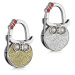 kwmobile Purse Hooks for Table - Set of 2 Portable Handbag Hook Foldable Bag Holder Purse Hangers for Tables with Design - Owl Red/Gold/Silver