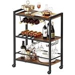 HOOBRO Bar Cart for The Home, 3-Tier Serving Cart on Wheels, Kitchen Cart with Wine Rack and Glass Holder, Rolling Beverage Cart for Living Room, Party, Bar, Rustic Brown and Black BF35TC01G1