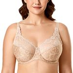 Delimira Women's Minimizer Lace Full Coverage Non Padded Underwire Plus Size Bra Beige Hibiscus 38DD