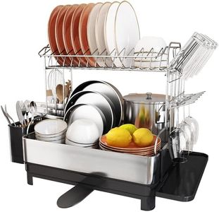 romision Dish Rack and Drainboard Set, 304 Stainless Steel 2 Tier Large Dish Drying Rack with Swivel Spout, Dish Strainer for Kitchen Counter with Utensil Holder, Cup Rack, Water Tray