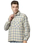 CHKOKKO Men Winter Shacket Stylish Flannel Plaid Jacket Shirt Cream Blue S