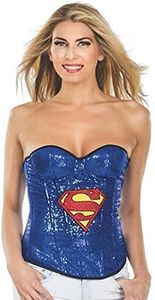 Secret Wishes DC Comics Justice League Superhero Style Adult Corset Top with Logo Sequined Supergirl, Blue, Small