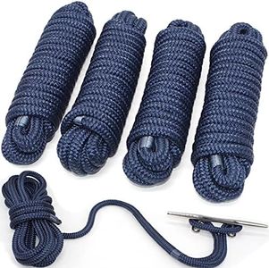 INNOCEDEAR Double-Braided Nylon Dock Line-1/2 x 20' (Eyelet: 12 inch, 4 Pack Navy Blue,Professional Boat Rope).Hi-Performance Marine Boats Mooring Rope Dock Line