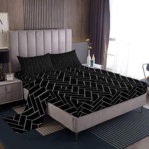Erosebridal Black and White Striped Bed Sheets Full Farmhouse Boho Stripe Bedding Set Geometric Striped Fitted Sheet Deep Pocket for Kids Teens Adults,Soft Microfiber Breathable Sheet Set 4 Piece