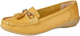 Jo & Joe Women Leather Flat Loafer Ladies Casual Comfy Slider Low Wedge Heel Work Shoes (Mustard, Numeric_6)