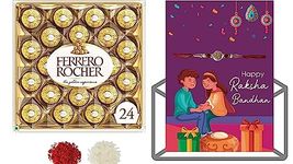 Vending India Rakshabandhan Gift Combo - Ferrero Rocher With Rakhi In A Personalised Greeting Card With Roli , Chawal , Chandan & Mishri (Ferrero Rocher 24 Pcs, Design 5), Chocolate, 200 Grams