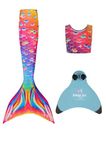 Planet Mermaid Girls Kids 3 Piece Vivid Colour Swimming Rainbow Mermaid Tail, Crop Top & Wear-Resistant Blue Magic Fin Monofin Included. Coral Carnival. Age 6-7 Years