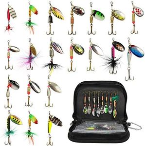 Hard Metal Spinner Bait Fishing Lure Kits for Bass, Salmon, Pike or Walleye with Portable Carry Bag (20 pcs)