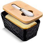 Butter Dish with Lid, Large Butter Dish for Countertop, Ceramic Butter Dish with Knife Double Silicone Seal Unique Stone Butter Dishes with Covers for Farmhouse Kitchen Decor Home Decor Black