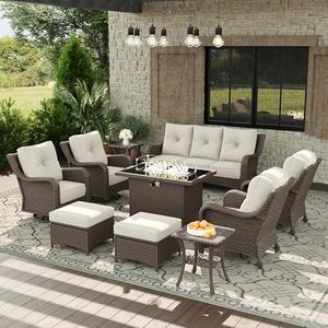 Aeeiua 10 Piece Patio Furniture Set with Fire Pit Table, All-Weather Wicker Outdoor Conversation Set with Swivel Rocking Chair and 6 Inch Thick Cushions