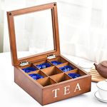 Fonture Wood Tea Storage Box, Teabag Storing 9 Compartments Wooden Tea Box Hinged Glass Lid Tea Organizer-Brown