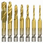 BAYTORY 7Pcs Titanium Combination Drill and Tap Set, Metric Thread HSS M3-M10 Screw Tapping bit Tool 1/4" Hex Shank (Titanium Coated 7 Pcs)