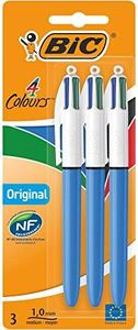 BIC 4 Colours Original Pens, Multi Coloured Pens All In One, Biro Pens, Medium 1.0mm, Green, Blue, Red, Black, 3 Pens Per Pack, 1 Pack