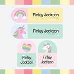 100 x Personalised Stick-On Waterproof Name Labels Pack of 2 Sizes for Clothes, Water Bottles, School Uniform, Equipment - Pastel Unicorns & Rainbows (SFP)