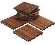 Bare Decor EZ-Floor Interlocking Flooring Tiles in Solid Teak Wood Oiled Finish Set of 10, Long 9 Slat