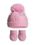 Royal Icon Baby Knitted Pom Pom Hat With Mittens Baby Boys Girls Winter Hat Mittens Set Cable Knit Single Pom Pom Bubble Hat Colours Available NB-12 Months RI6512 (Pink)