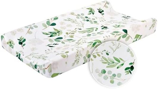 Colchón de la cuna de la cubierta de la almohadilla del cambio de pañales floral del bebé, cubierta de la tabla del cambiador de tela elástica infantil 32''X 16'' (Hojas verdes)