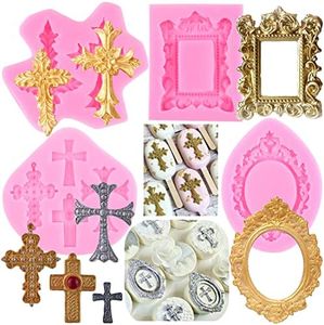 MYPRACS Baptism Cake Decorations Cross Mold Cross Fondant Mold Photo Frame Silicone Mold For Baptism Cake Decorating Cupcake Topper Candy Chocolate Gum Paste Polymer Clay Set Of 4