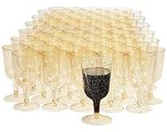 MATANA 100 Elegant Clear Hard Plastic Wine Glasses with Gold Glitter (170ml) - Sturdy & Reusable Glasses for Cocktails, Dessert - Birthdays, Weddings, Christmas, BBQ, Picnic, Parties