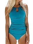 CUPSHE Women's One Piece Swimsuit High Neck Beach Swimwear Ruched Tummy Control Bathing Suit Swimming Costume Turquoise S