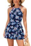 SHEKINI Womens Elegant One Piece Swimdress High Neck Swim Dress Ruched Swim Skirt, Navy Blue Trumpet Flower, XL