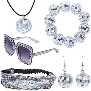 5 Pieces 1970s Disco Accessories Disco Set Ball Earrings Necklace Bracelet Bling Headband and Sunglasses for Women