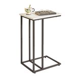 Aibiju C Shaped End Table, Slide and Sofa Table, Bedside Snack Table with Steel Frame for Living Room, Bedroom, Small Spaces,White Faux Marble and Black Metal Frame, YD-TM051B