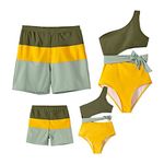 PATPAT Family Matching Swimsuits Mommy and Me One Shoulder Cutout Colorblock Bathing Suits One Piece Swimwear Sets, Green/Yellow, Medium