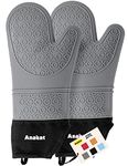 Anaeat Extra Long Silicone Oven Mitts Set of 2, Flexible Heat Resistant Pot Holders with Quilted Liner, Textured & Non Slip Oven Gloves Waterproof for BBQ, Kitchen Baking & Cooking (Grey)