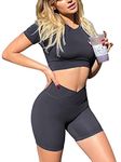 Danysu Cross Waist 2 Piece Summer Outfit Workout Sets for Women Scrunched Butt Shorts Short Sleeve Crop Top Gym Clothes Volcano Ash S